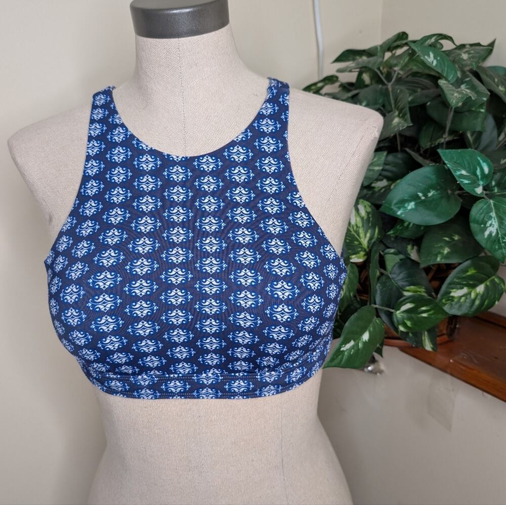 Athleta Tangier High Neck Swim Top – Navy Blue Print (32B/C)